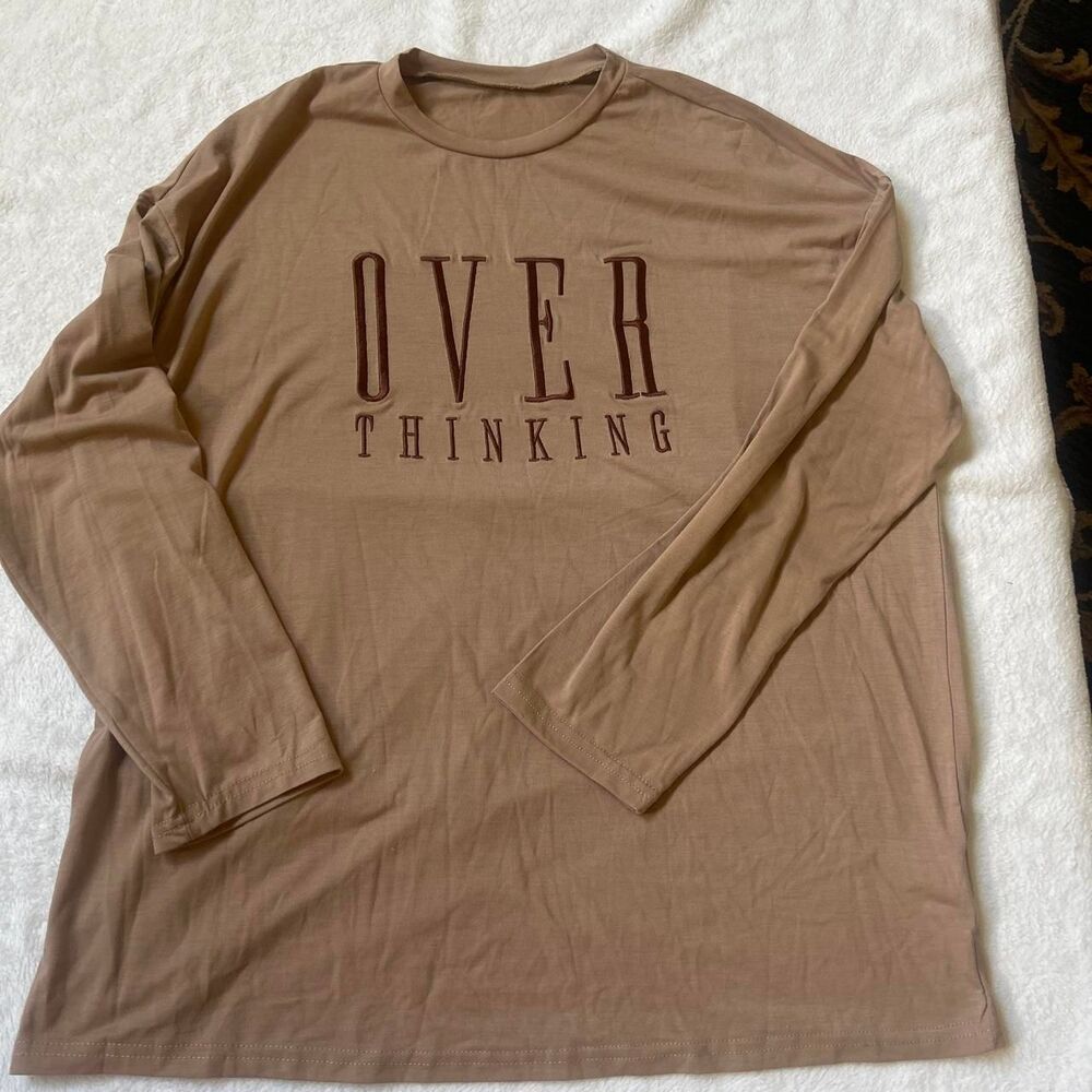 brown long sleeve shirt "overthinking" embroidered text women's small